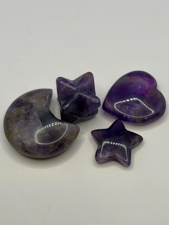 None Other - Small Polished Amethyst Crystal Set — Moon, Star, Heart Shapes